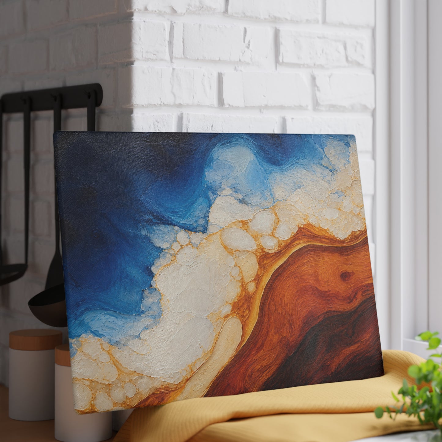 Coastal Resin-Painted Look Ocean Abstract Glass Cutting Board – Blue Waves and Golden Shoreline Artwork