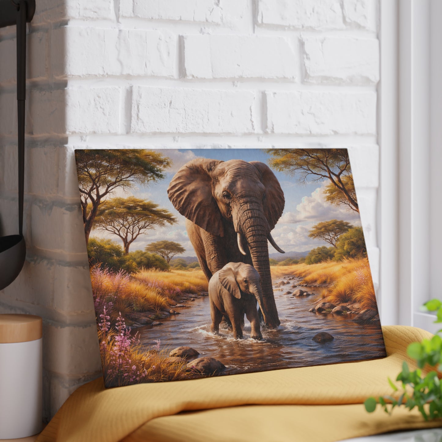 Mother & Baby Elephant Glass Cutting Board – African Safari Wildlife Kitchen Art