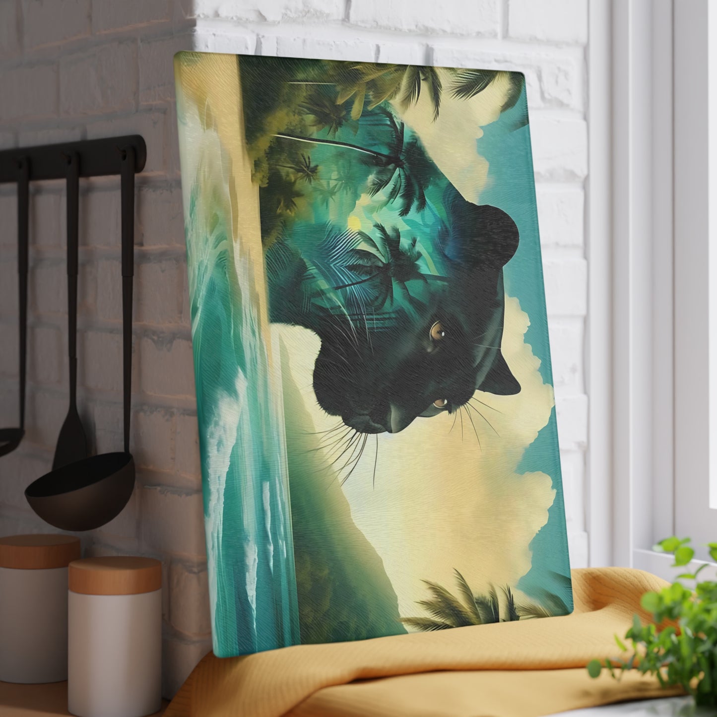 Tabla de cortar de vidrio con diseño de Pantera Negra y puesta de sol en la playa: decoración de cocina con un gato de la jungla místico