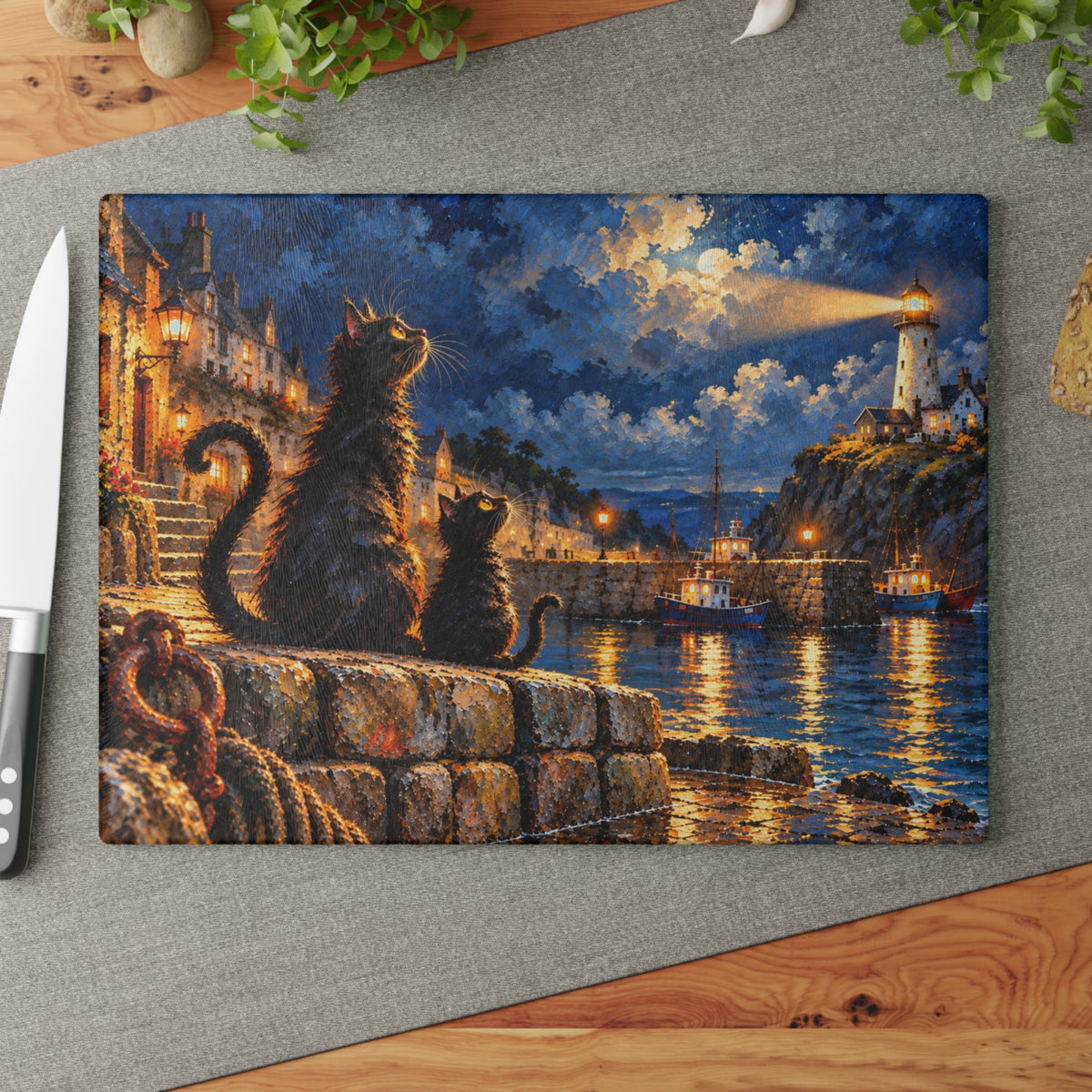Moonlit Harbor Cats – Coastal Lighthouse Tempered Glass Cutting Board – 11 × 15 Inches