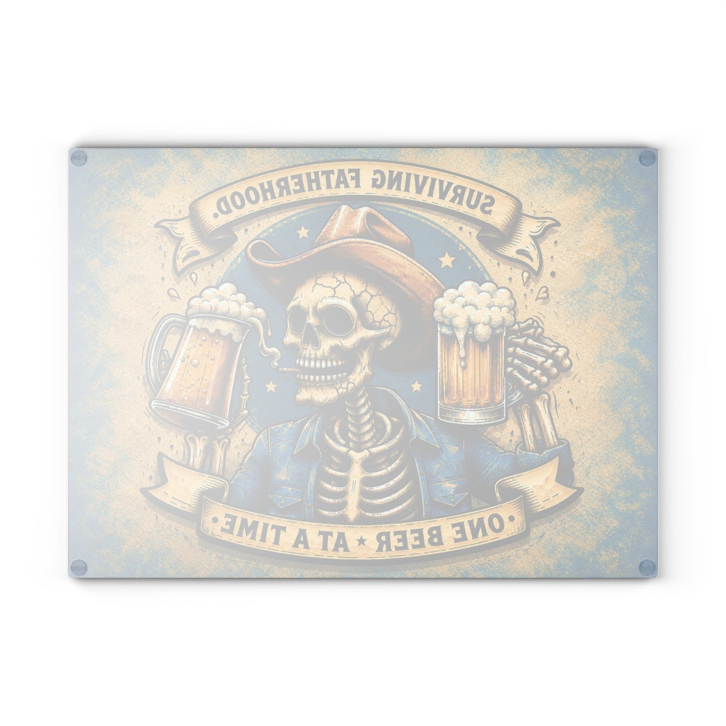 Surviving Fatherhood One Beer at a Time Glass Cutting Board – Funny Dad Skeleton Cowboy Decor