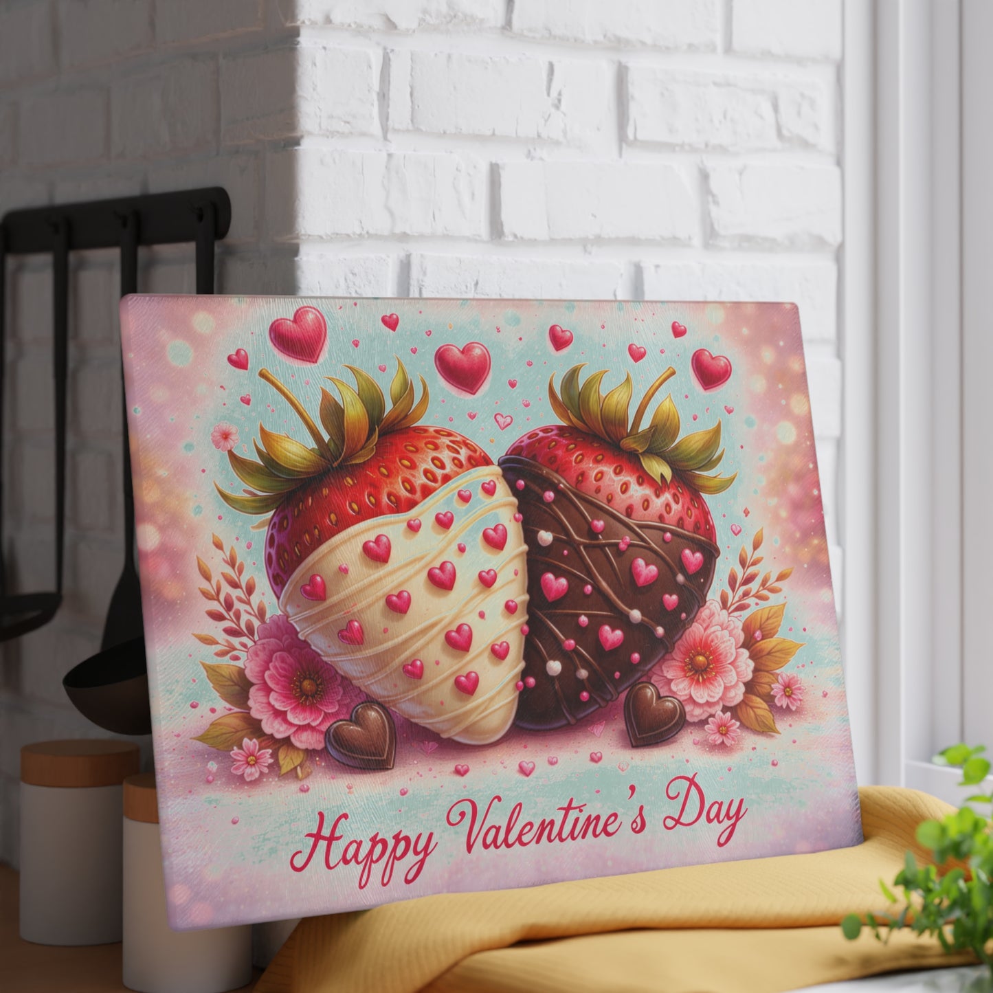 Chocolate-Covered Strawberries Valentine Glass Cutting Board – Romantic Kitchen Art Gift