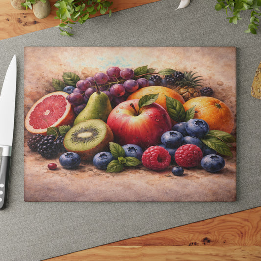 Classic Orchard Still Life Glass Cutting Board – Fruit Market Kitchen Accent