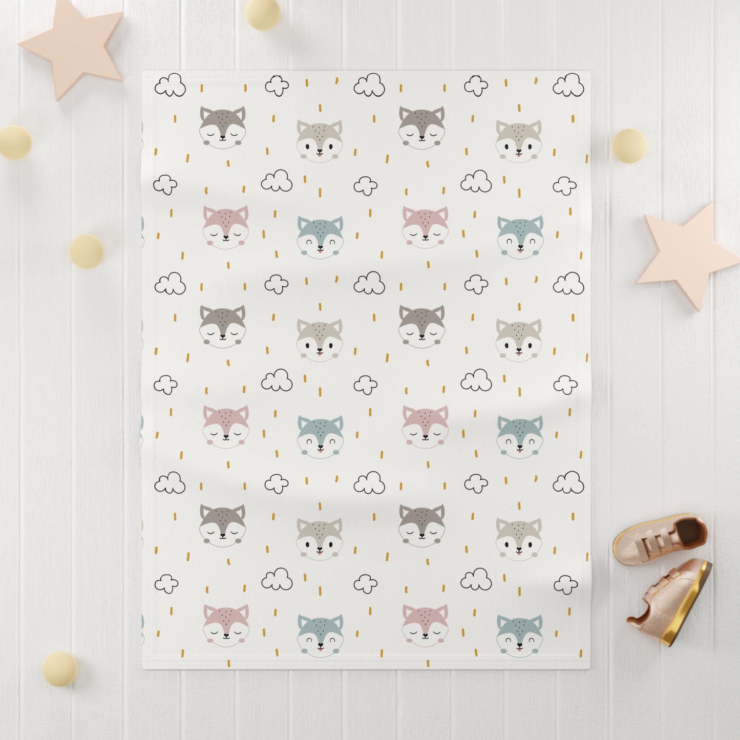 🦊 Fox Faces & Clouds Baby Blanket – Ultra-Soft Fleece 30″×40″ | Neutral Pastel on White
