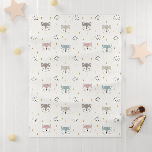 🦊 Fox Faces & Clouds Baby Blanket – Ultra-Soft Fleece 30″×40″ | Neutral Pastel on White