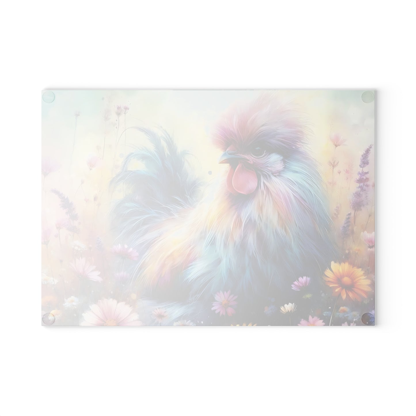 🌸🐔 Chicken in a Field of Wildflowers Glass Cutting Board – Serene & Charming Kitchen Accent
