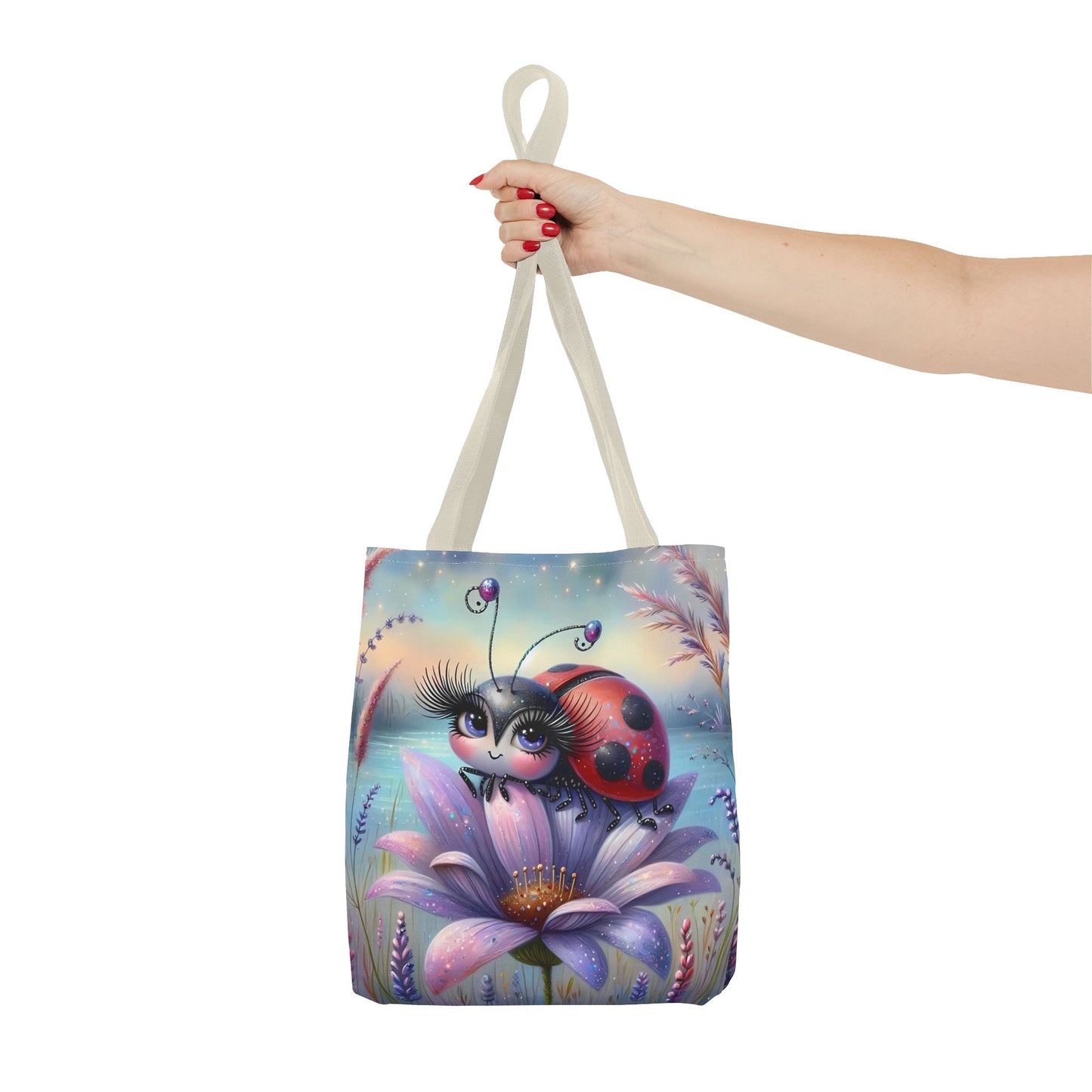 🐞 Mariquita sobre una flor junto al lago – Bolsa de tela inspirada en la naturaleza