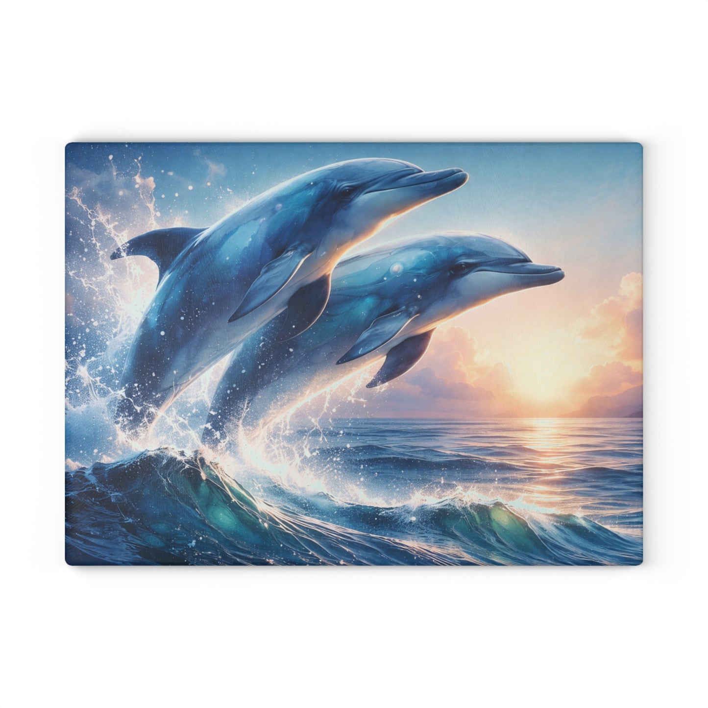 Dolphin Duo Glass Cutting Board – Ocean-Inspired Artwork of Two Playful Dolphins