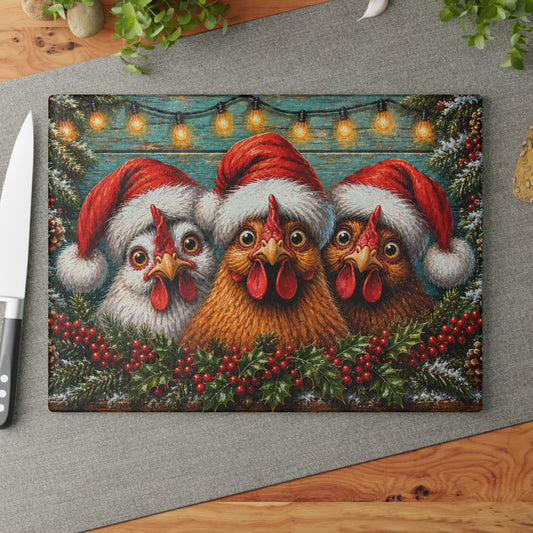 Christmas Chickens in Santa Hats Glass Cutting Board – Funny Holiday Farmhouse Kitchen Decor