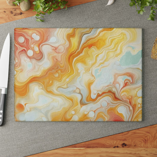 Tabla de cortar de vidrio templado con efecto mármol amarillo, gris y naranja: elegante decoración de cocina con aspecto de mármol, ideal para regalar y funcional.
