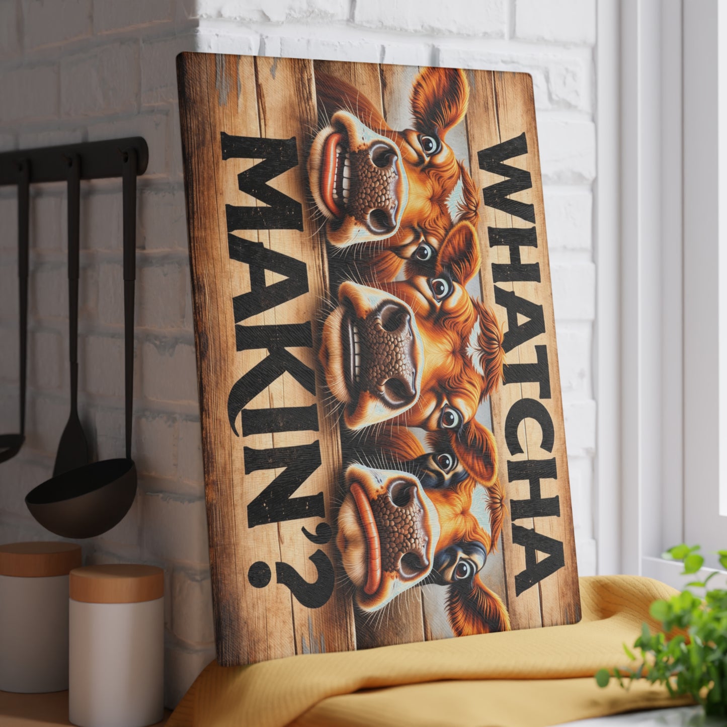 Whatcha Makin’? Glass Cutting Board – Funny Cow Farmhouse Kitchen Decor