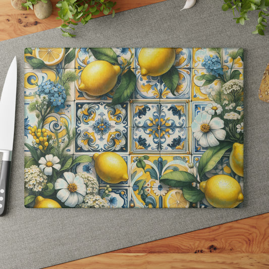 🍋🌼 Lemon Tile Floral Cutting Board – Mediterranean Charm for Your Kitchen 🌸🍋