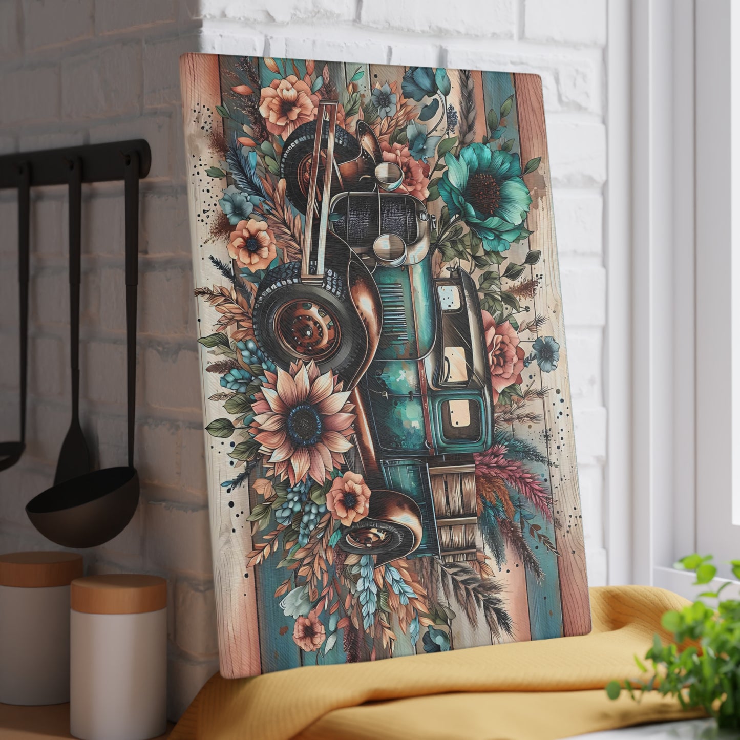 🚜🌸 Vintage Teal Farm Truck Cutting Board – Rustic Charm with Floral Elegance 🌻🌿