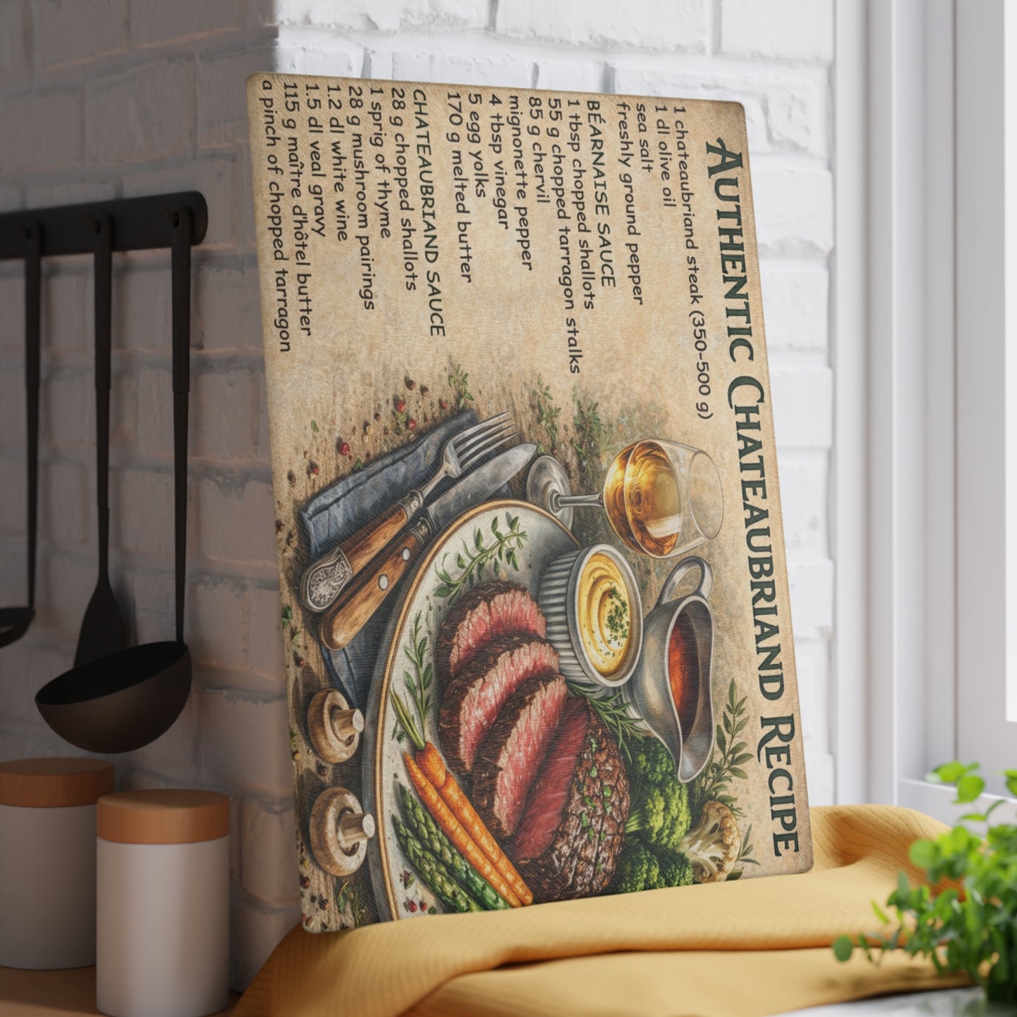 Authentic Chateaubriand Recipe Glass Cutting Board – Classic French Steak Kitchen Art