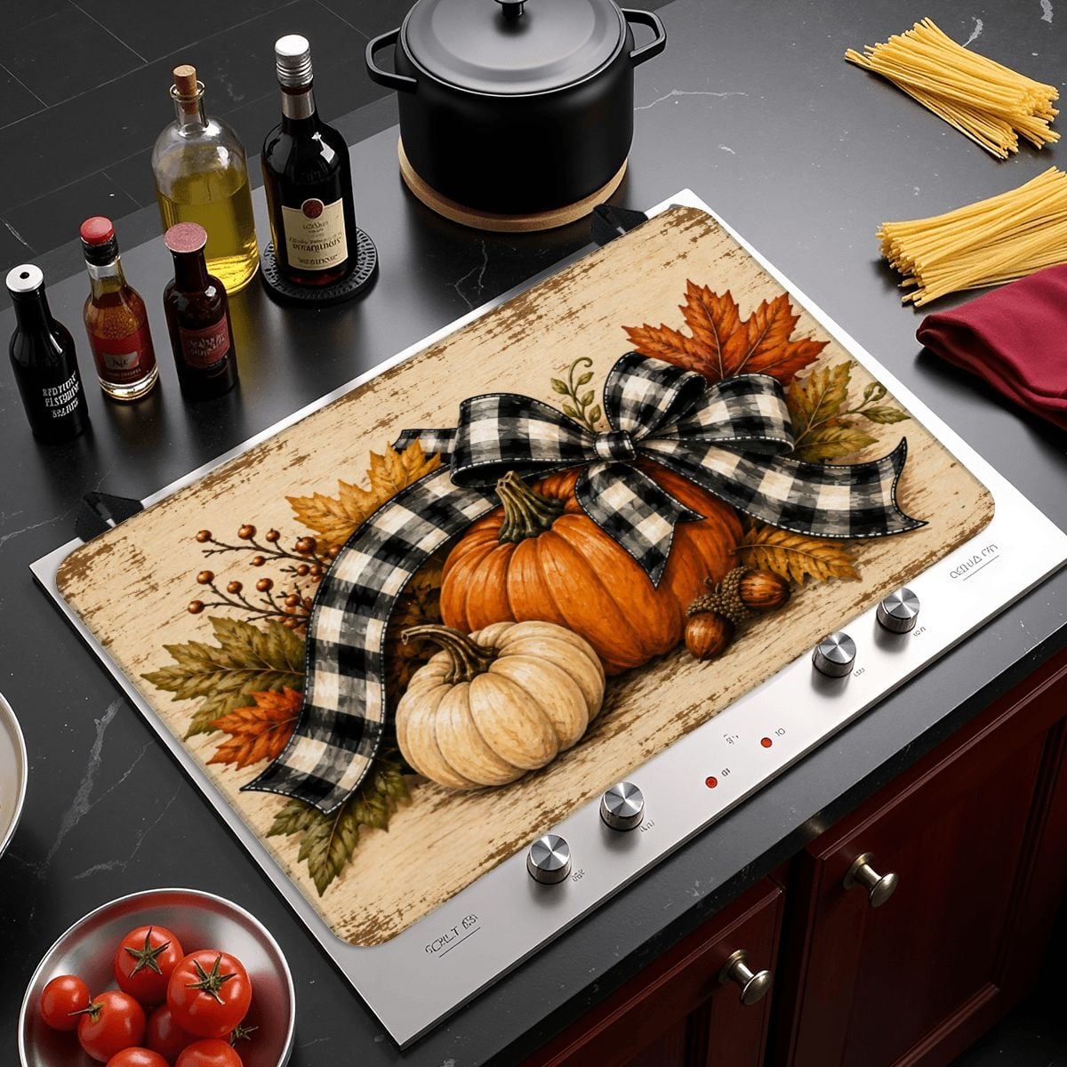 Rustic Fall Pumpkin Stove Top Cover – Buffalo Plaid Autumn Stove Protector Mat