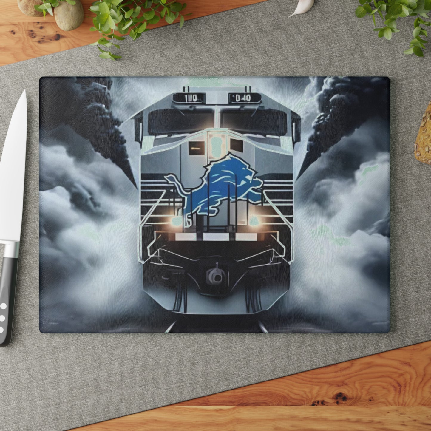 Light Blue & Silver Express Glass Cutting Board – Sleek Train Design for Cool, Modern Kitchens
