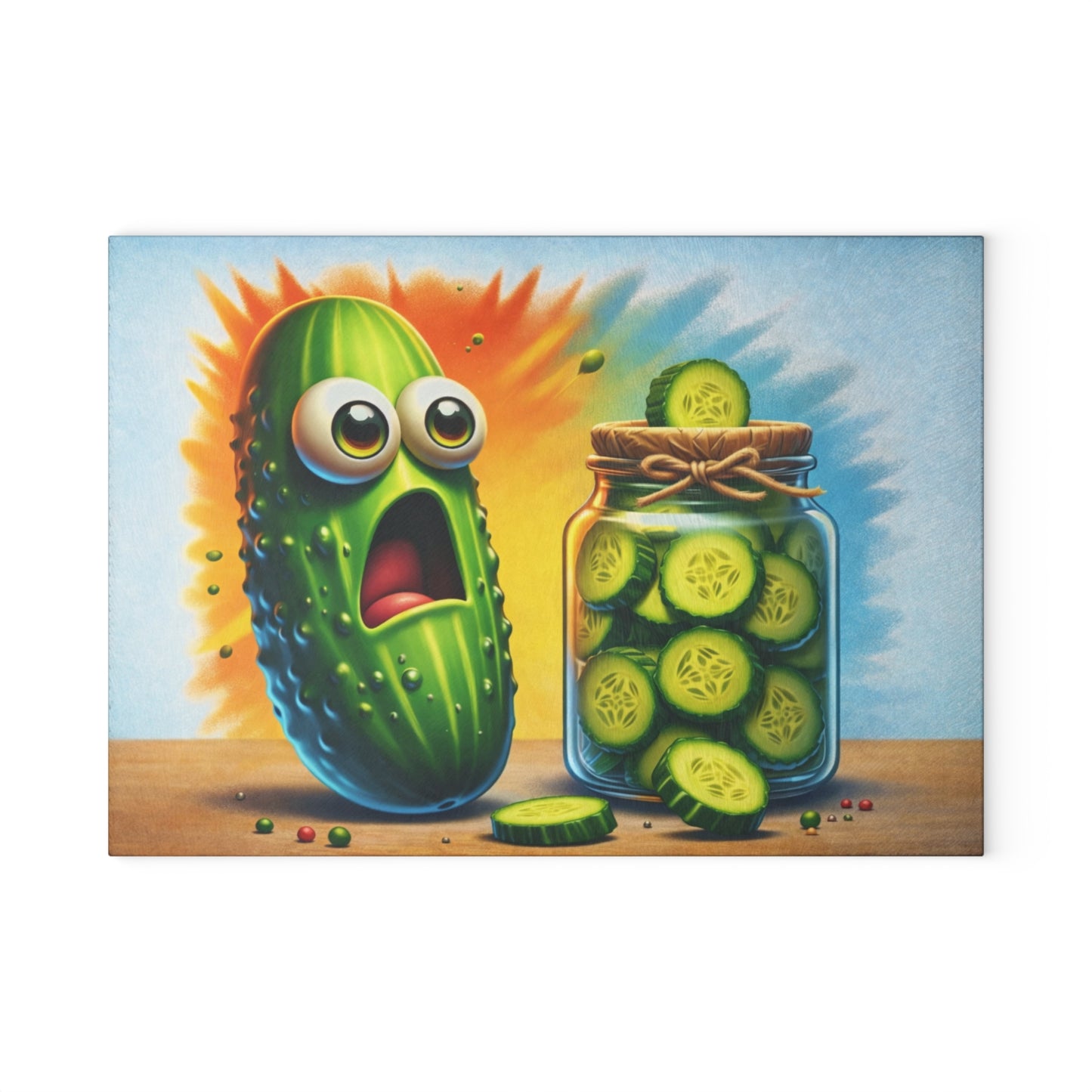Pickled Shock Glass Cutting Board – Funny Pickle Kitchen Art with Surprised Expression