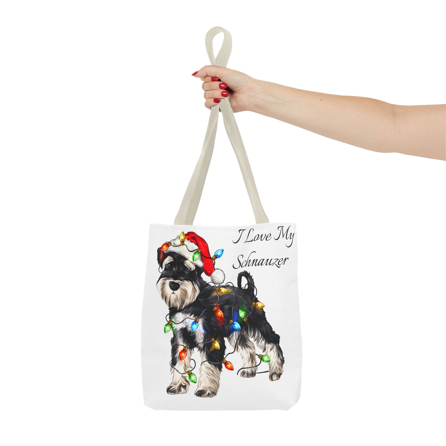 🎄 I Love My Schnauzer Tote Bag – Christmas Lights & Holiday Woofs 🐾