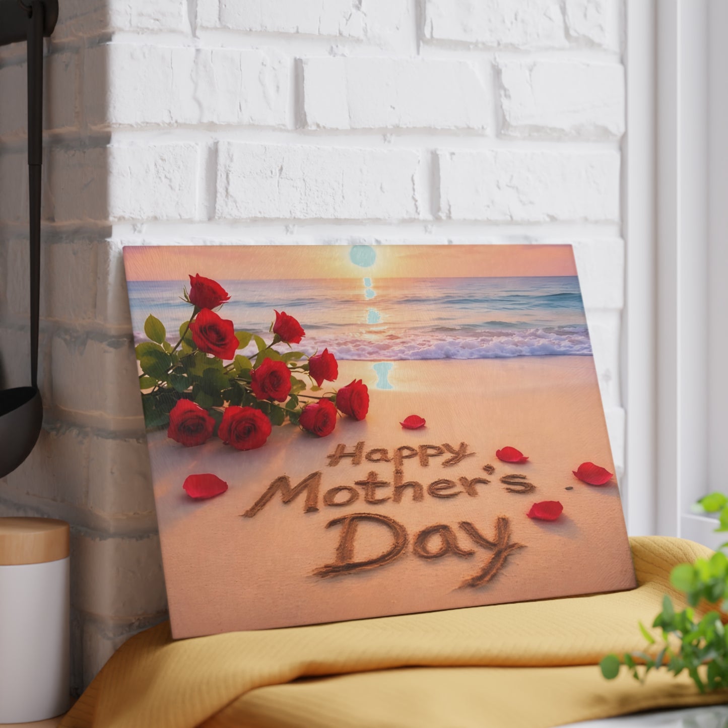 Mother’s Day Beach Scene Glass Cutting Board – Coastal Elegance with Heartfelt Charm