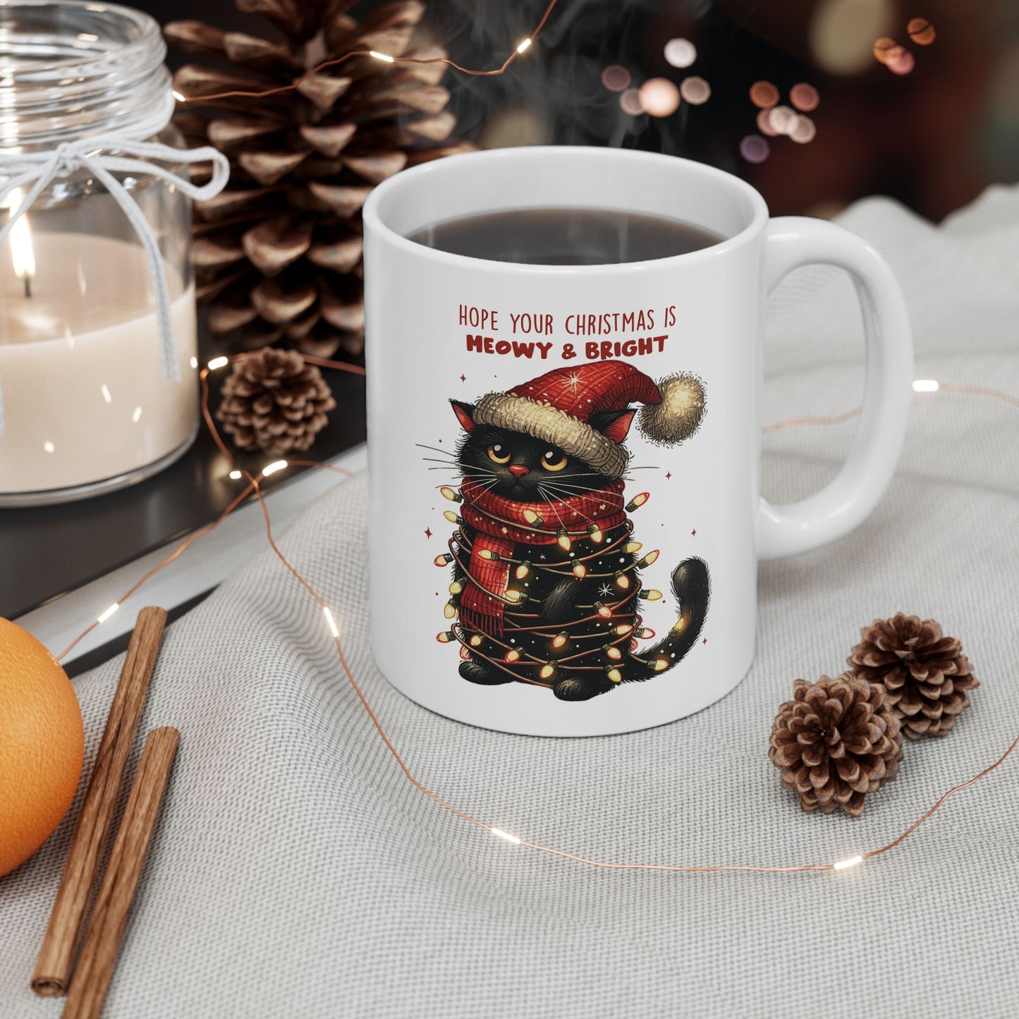 🐾🎄 Meowy & Bright Cat Christmas Mug – Festive Black Cat with Lights & Sass 🎅✨