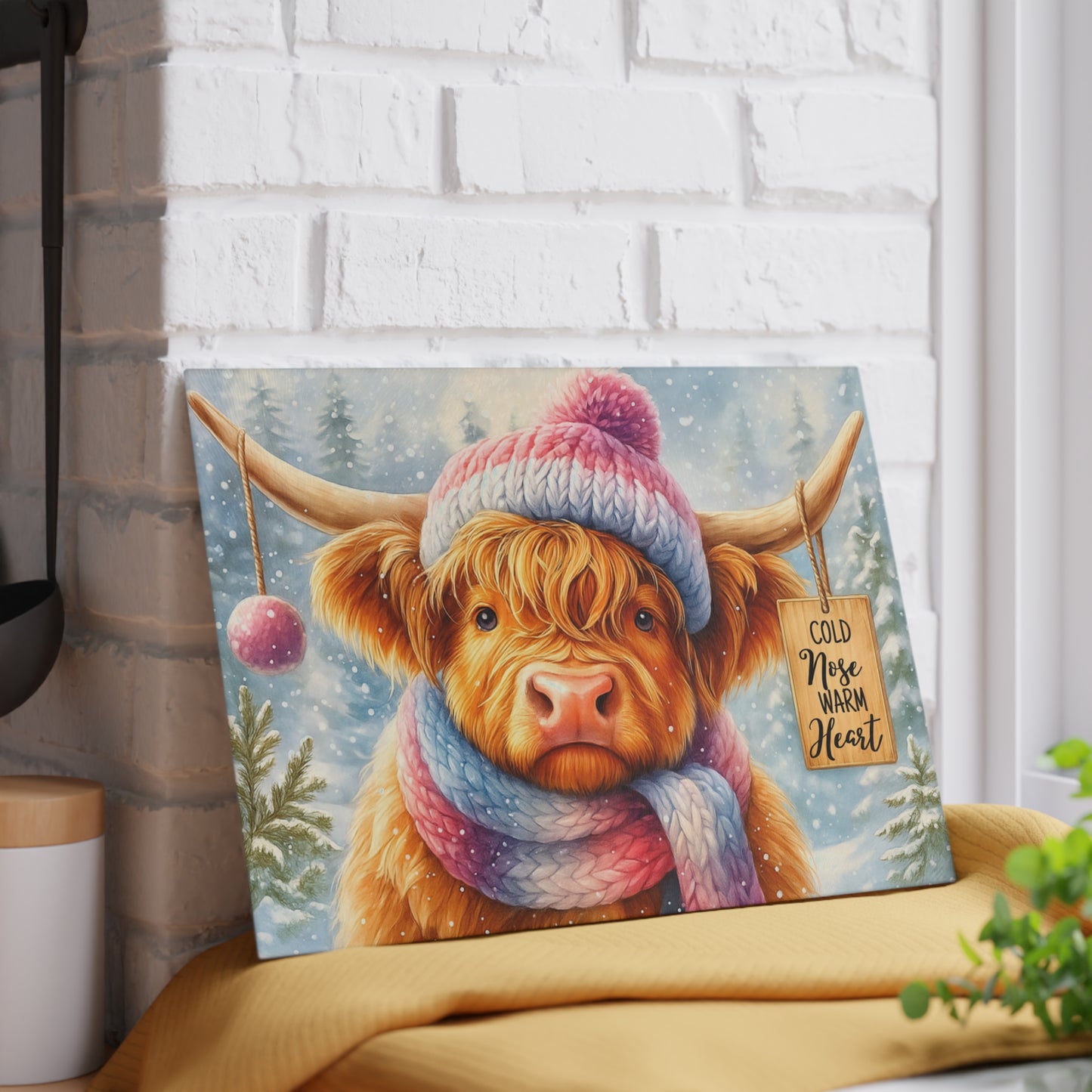 🐮❄️ “Cold Nose, Warm Heart” Tempered Glass Board – Cozy Highland Winter Vibes
