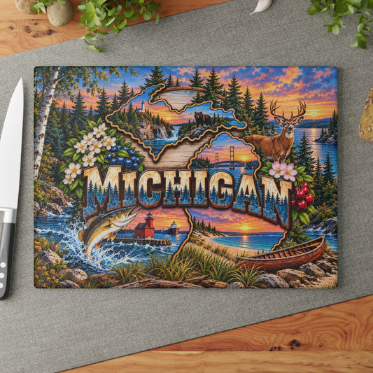 Michigan Scenic Glass Cutting Board – Great Lakes, Lighthouse, Deer, Black Bear & Michigan State Décor