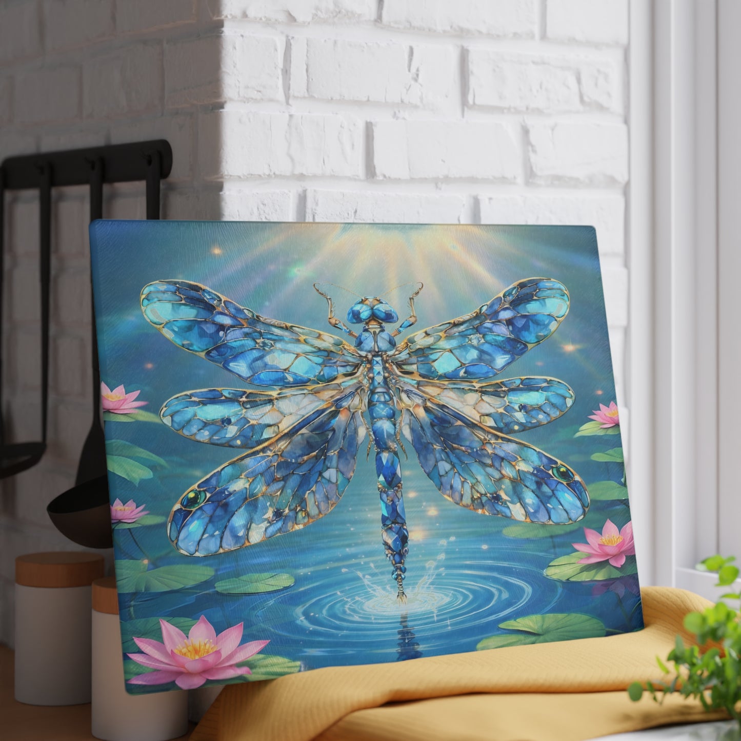 Radiant Dragonfly Glass Cutting Board – Tranquil Pond Art Kitchen Decor