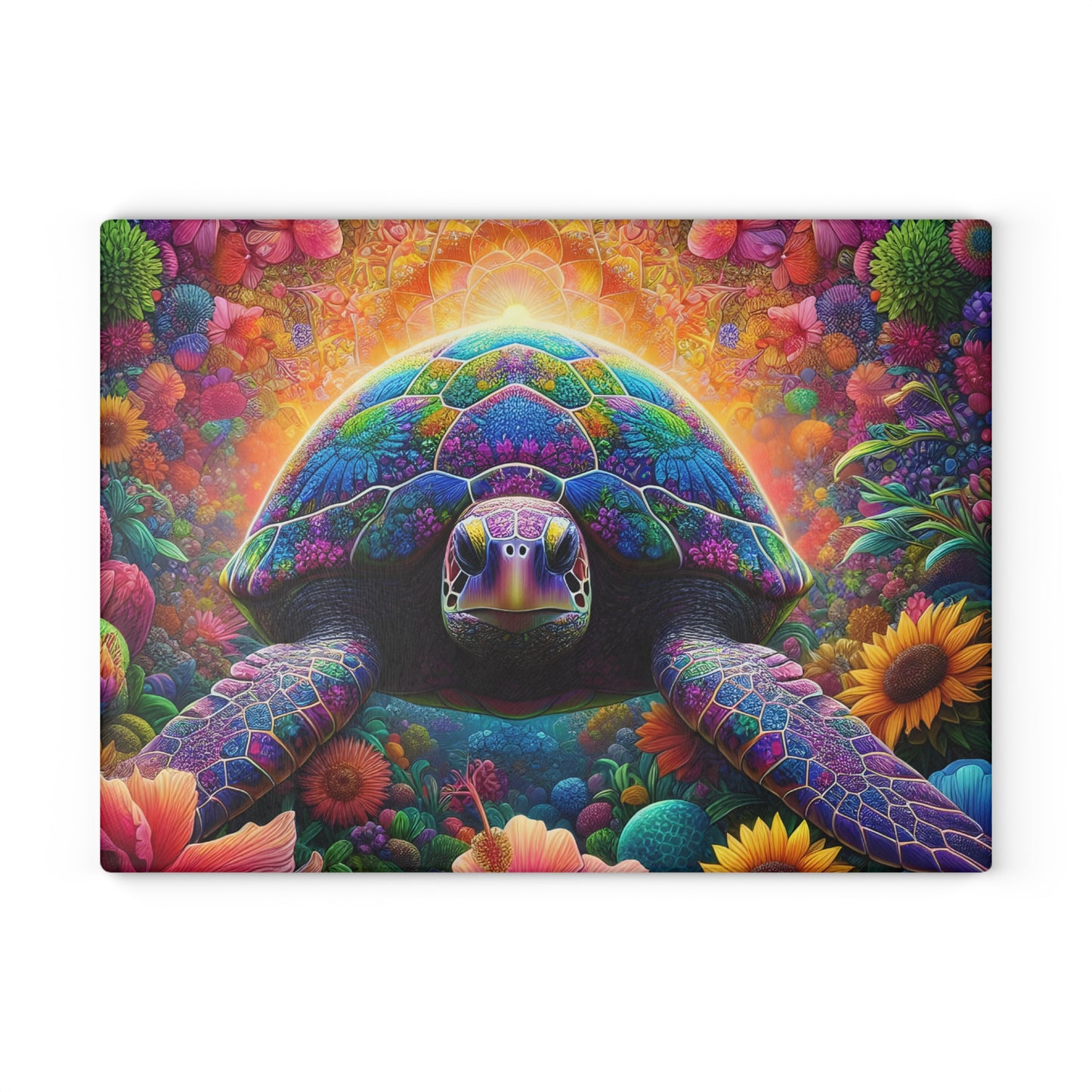 Tabla de cortar de tortuga con flores de neón: colores vibrantes, magia costera y flores artísticas