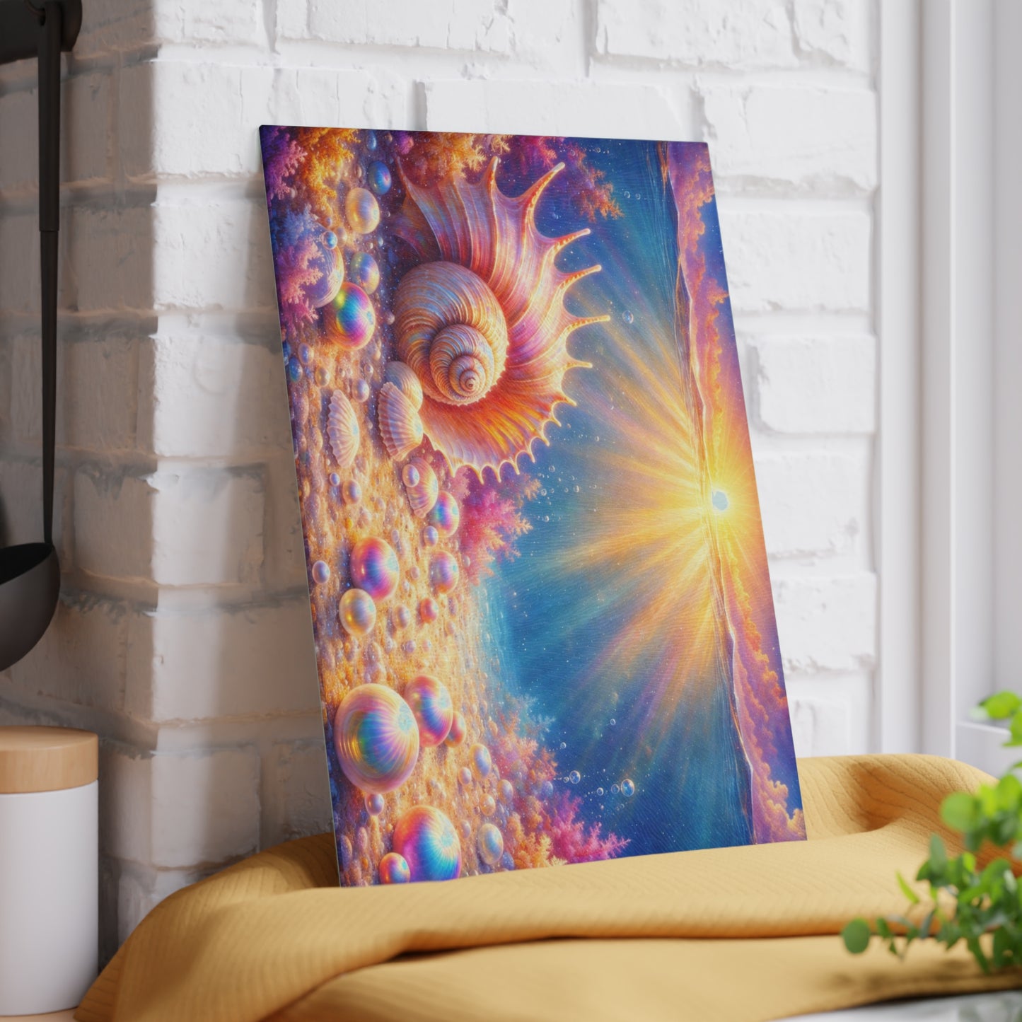 Ocean Sunrise Seashell Glass Cutting Board – Colorful Coastal Kitchen Art