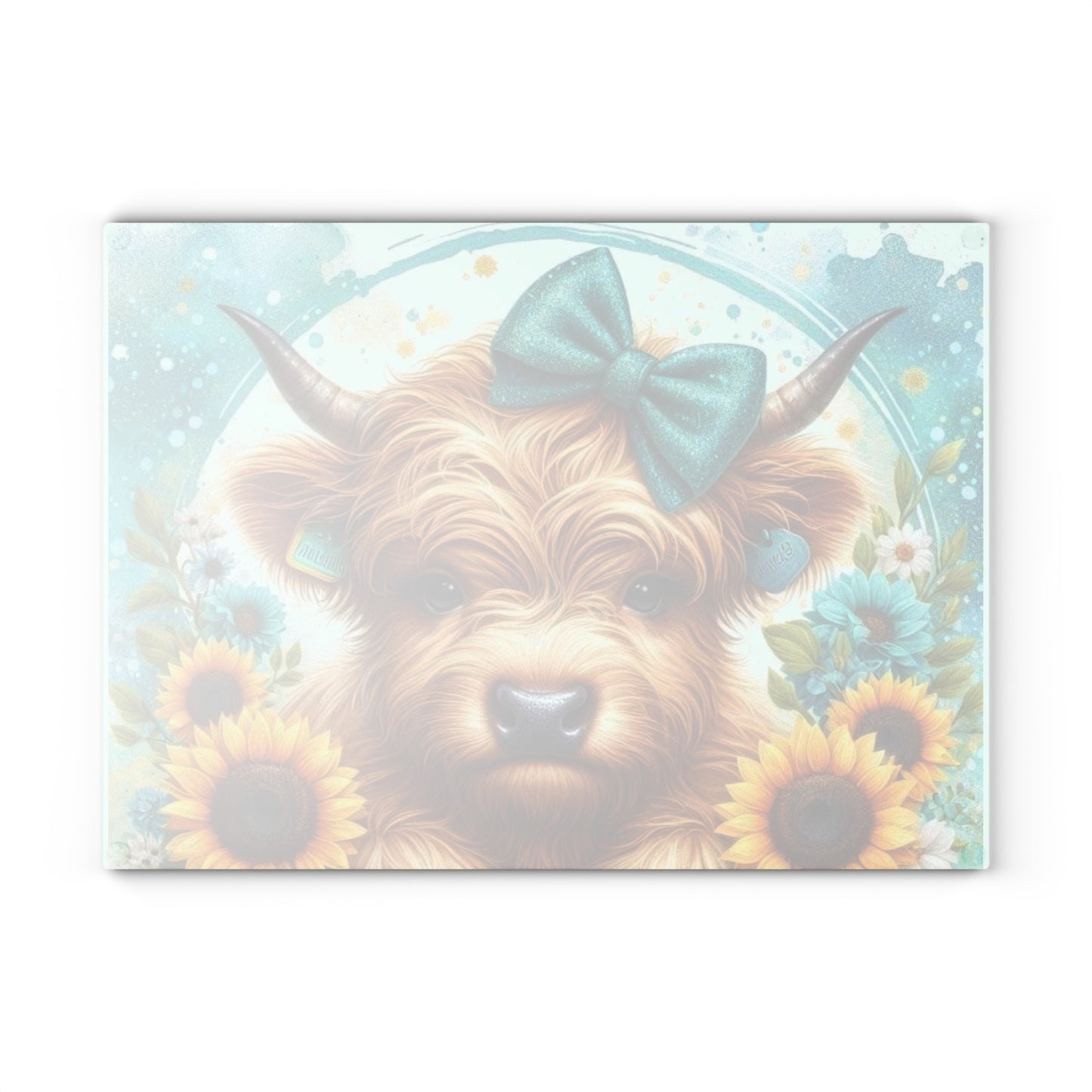 Tabla de cortar de vidrio con diseño de vaca de las Tierras Altas, lazo y girasoles