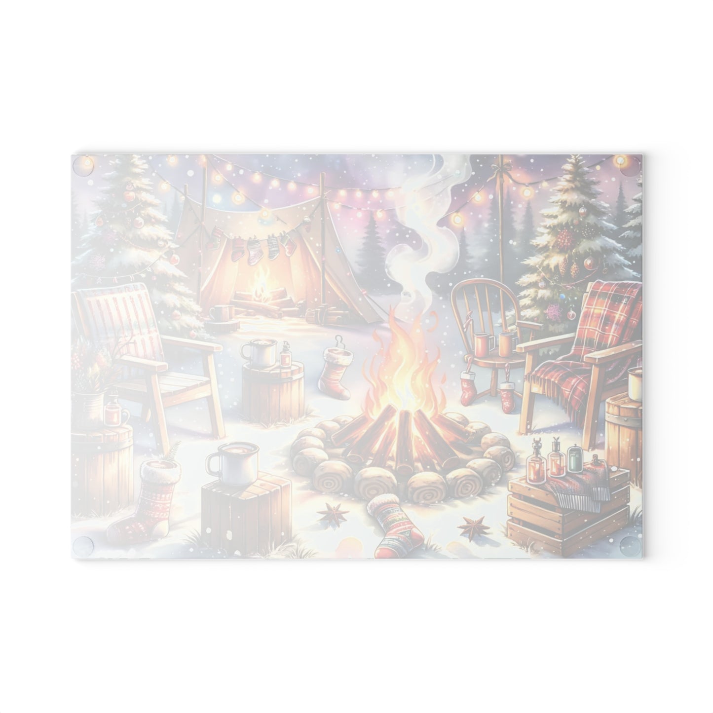 🔥🏕️ “Cozy Campfire Christmas” Glass Cutting Board – Winter Charm for Your Kitchen