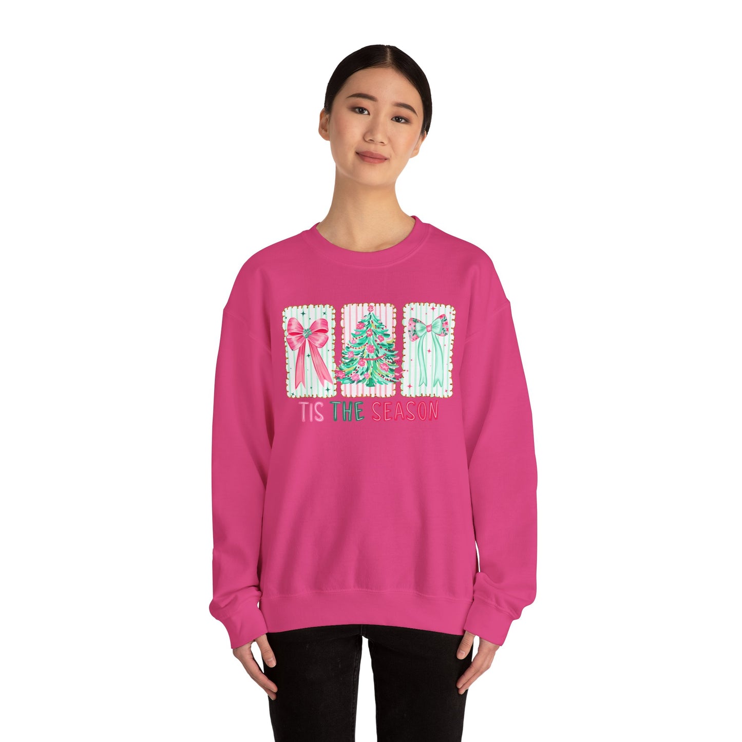 🎀🎄 ’Tis The Season Sweatshirt – Pastel Bows & Merry Tree Vibes ✨☃️