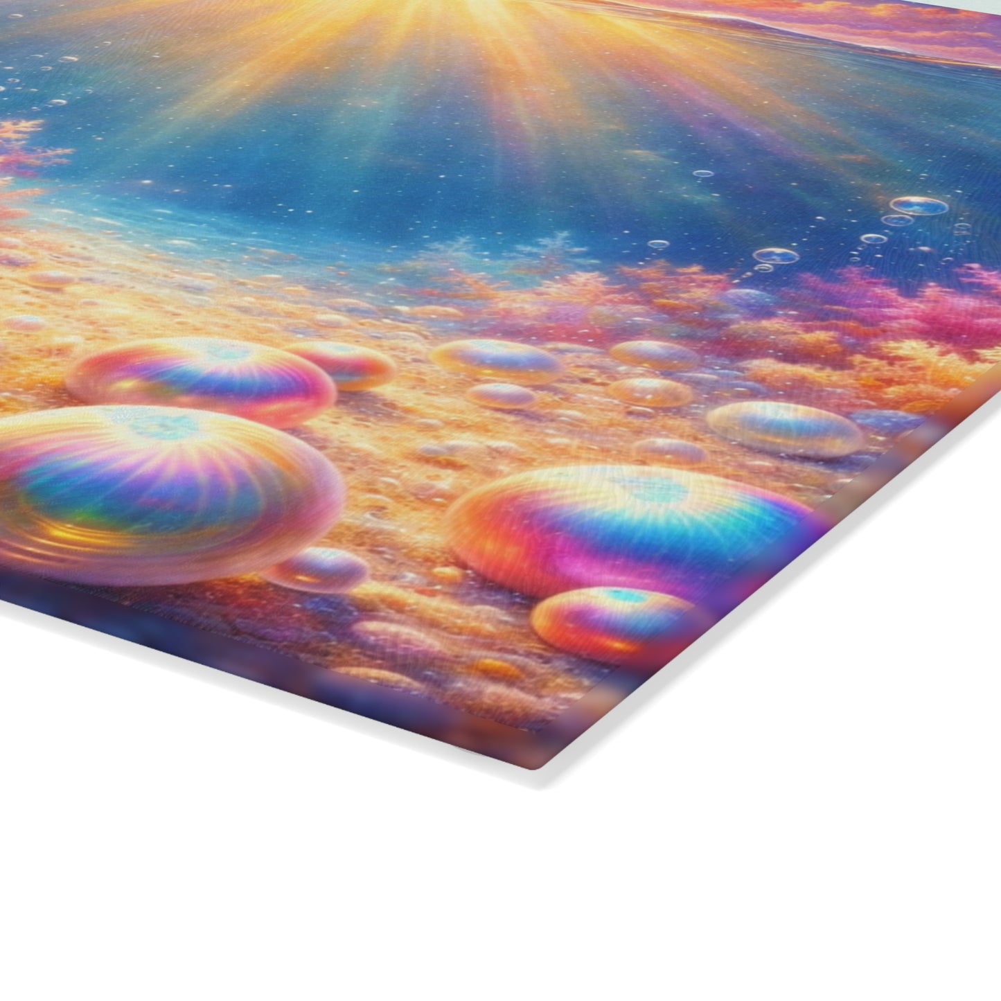 Ocean Sunrise Seashell Glass Cutting Board – Colorful Coastal Kitchen Art