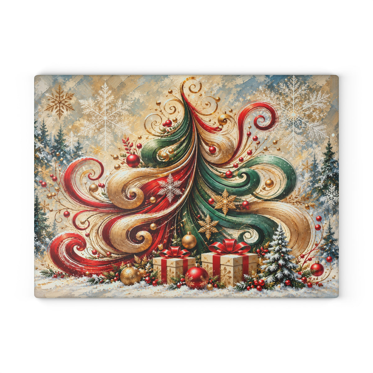 legant Swirl Christmas Tree Glass Cutting Board – Red, Green & Gold Holiday Kitchen Décor