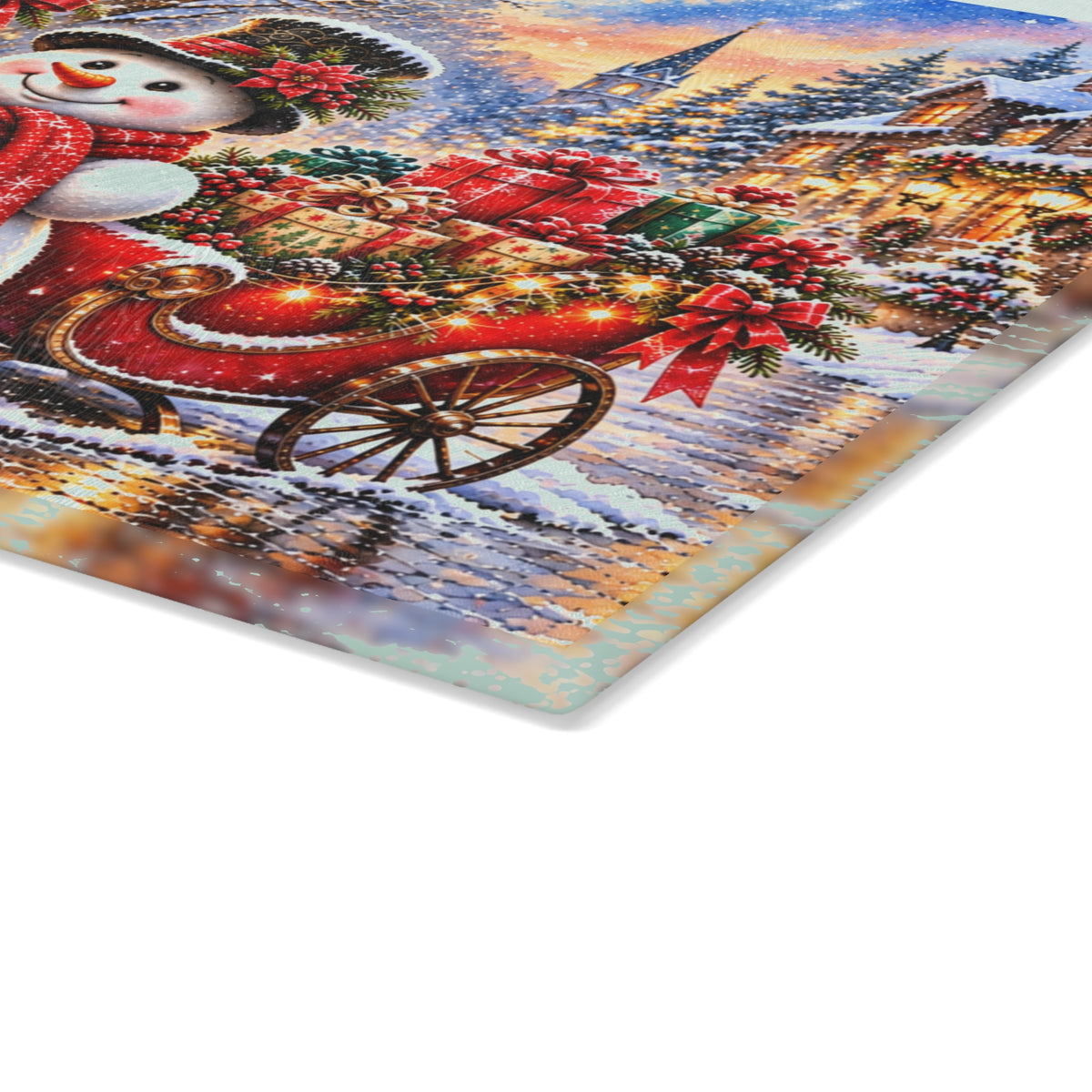 Christmas Snowman Tempered Glass Cutting Board – Vintage Christmas Village with Red Sleigh, Gifts and Lanterns – 11 × 15 Inches