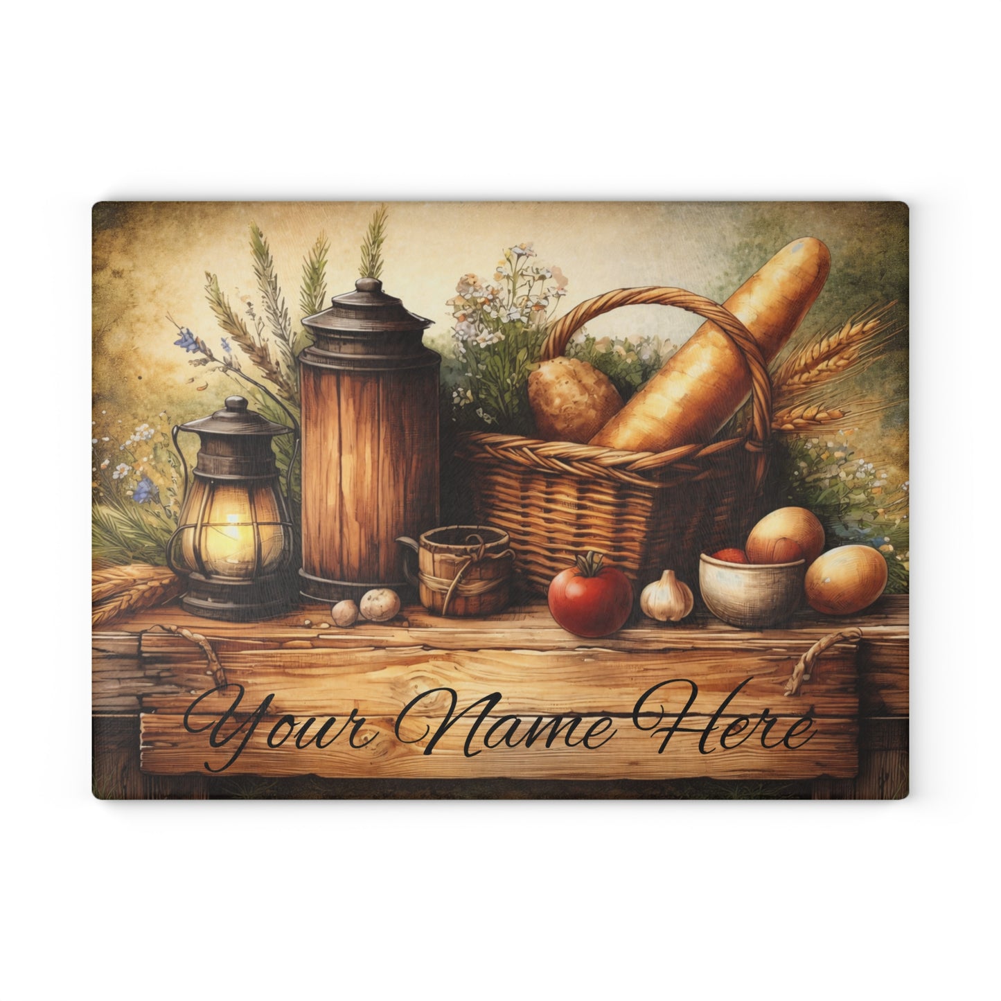 Rustic Farmhouse Breadbasket Personalized Glass Cutting Board – Custom Kitchen Name Display