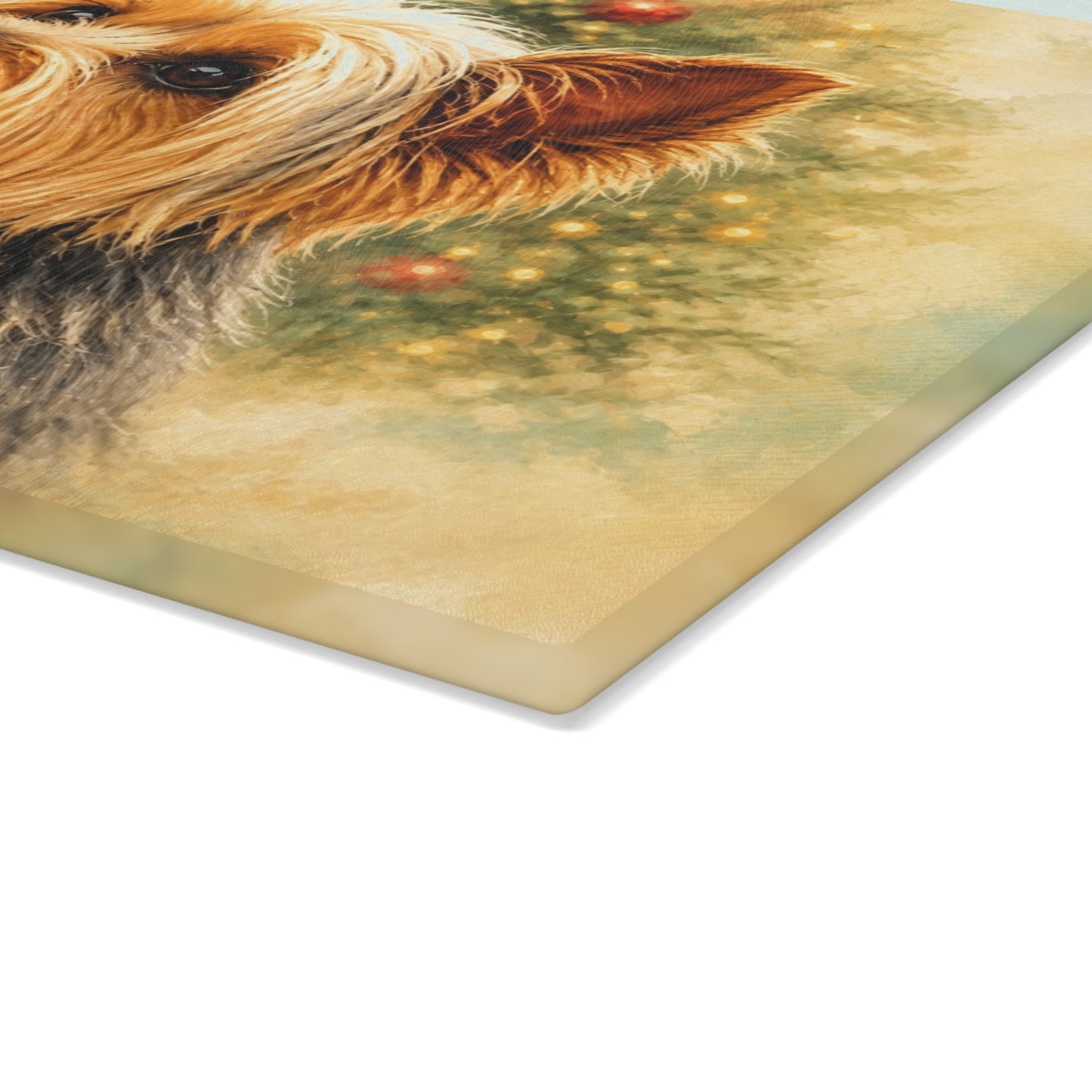 Yorkie Christmas Glass Cutting Board – Yorkshire Terrier Holiday Dog Decor with Plaid Bow Tie & Christmas Tre