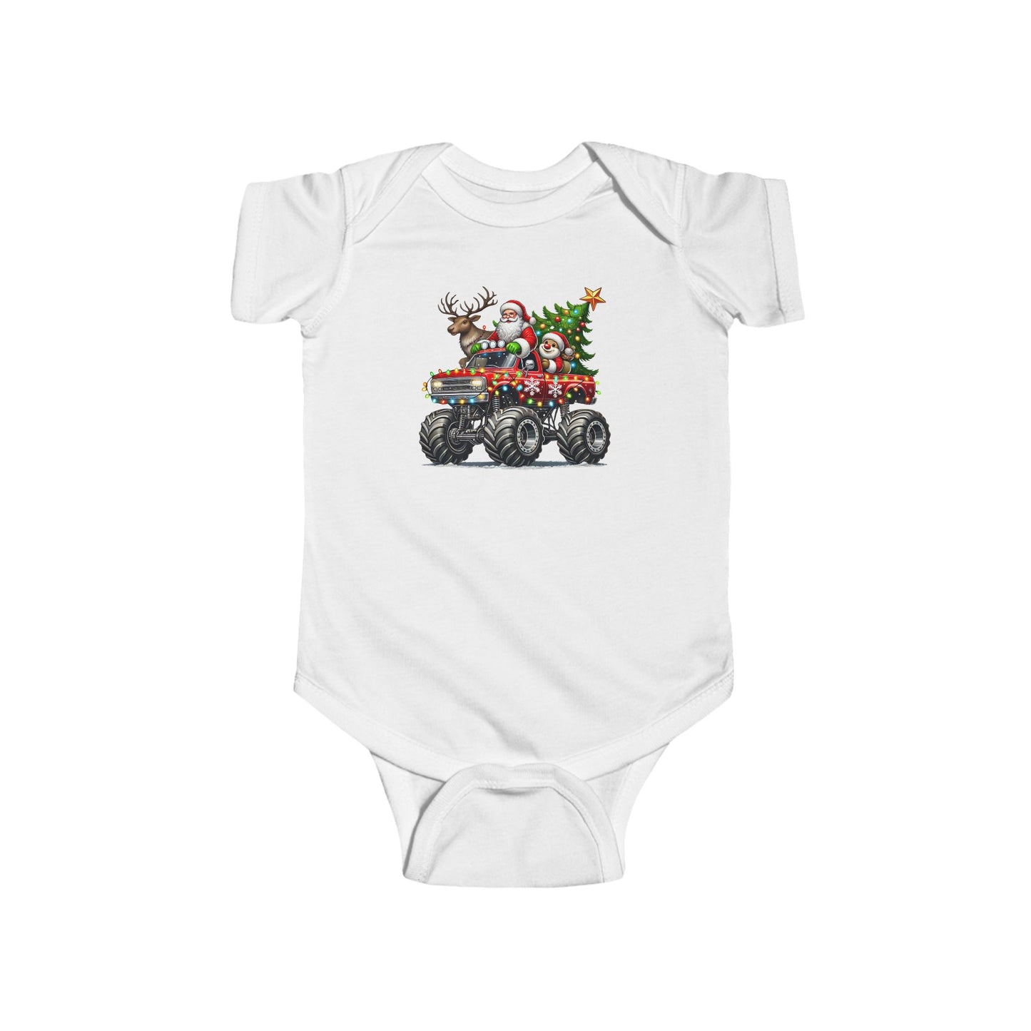 Festive Monster Truck Baby Onesie – Holiday Lights Ride 🚗✨