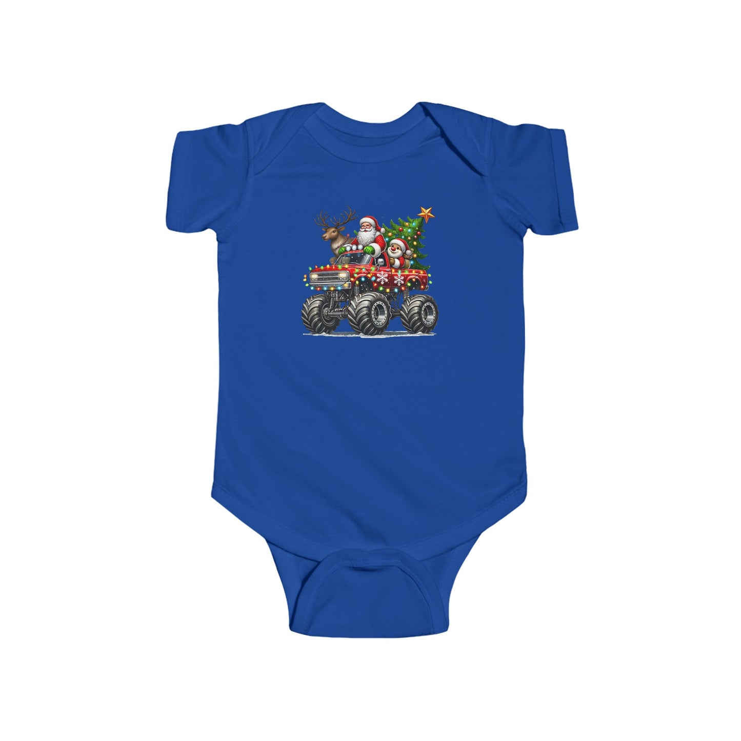 Festive Monster Truck Baby Onesie – Holiday Lights Ride 🚗✨
