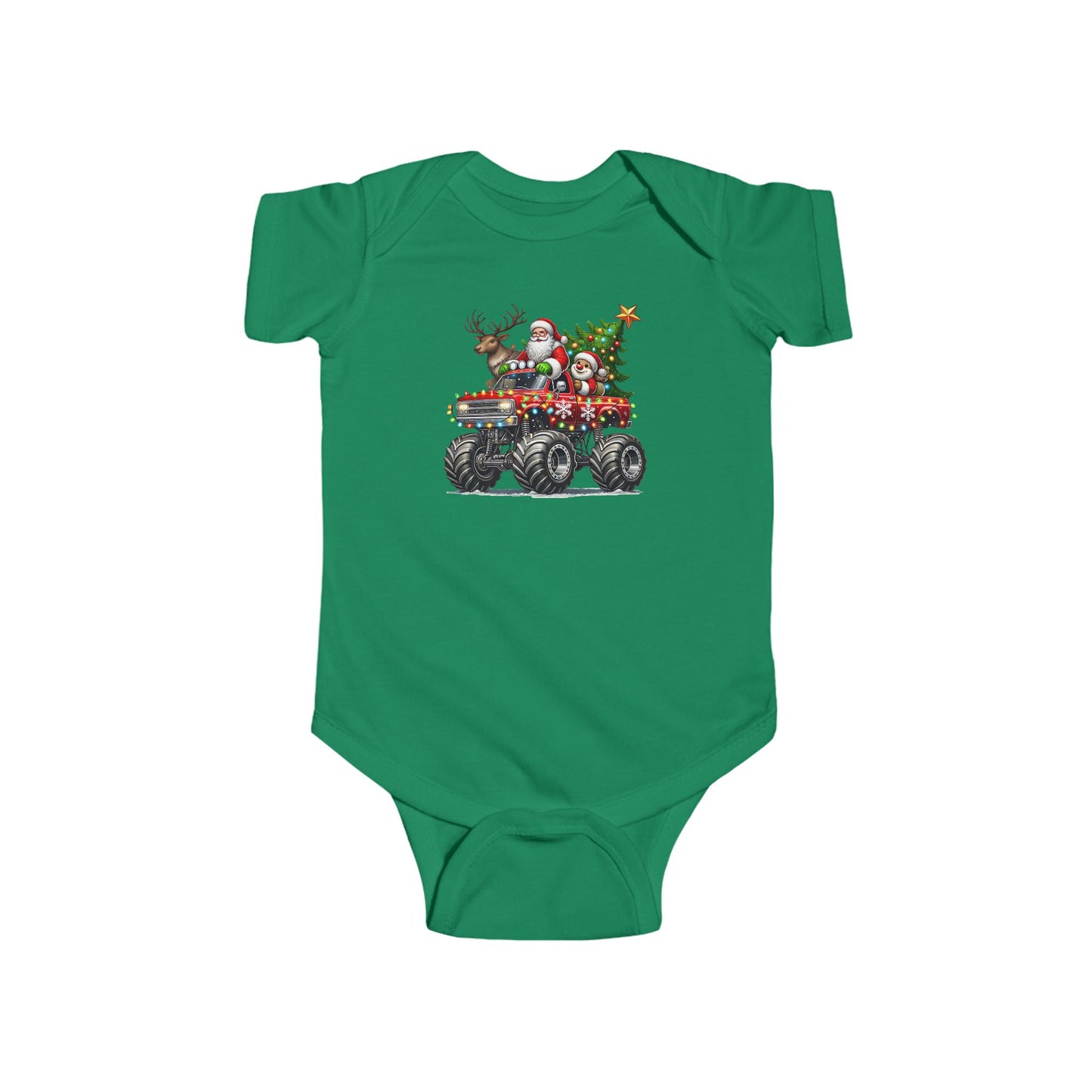 Festive Monster Truck Baby Onesie – Holiday Lights Ride 🚗✨