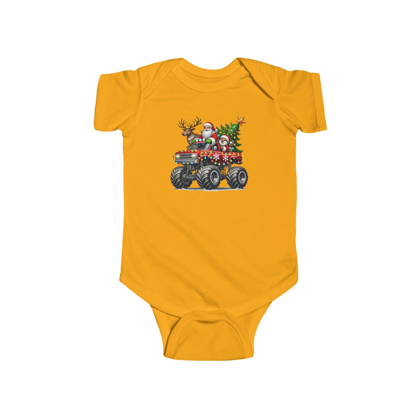 Festive Monster Truck Baby Onesie – Holiday Lights Ride 🚗✨
