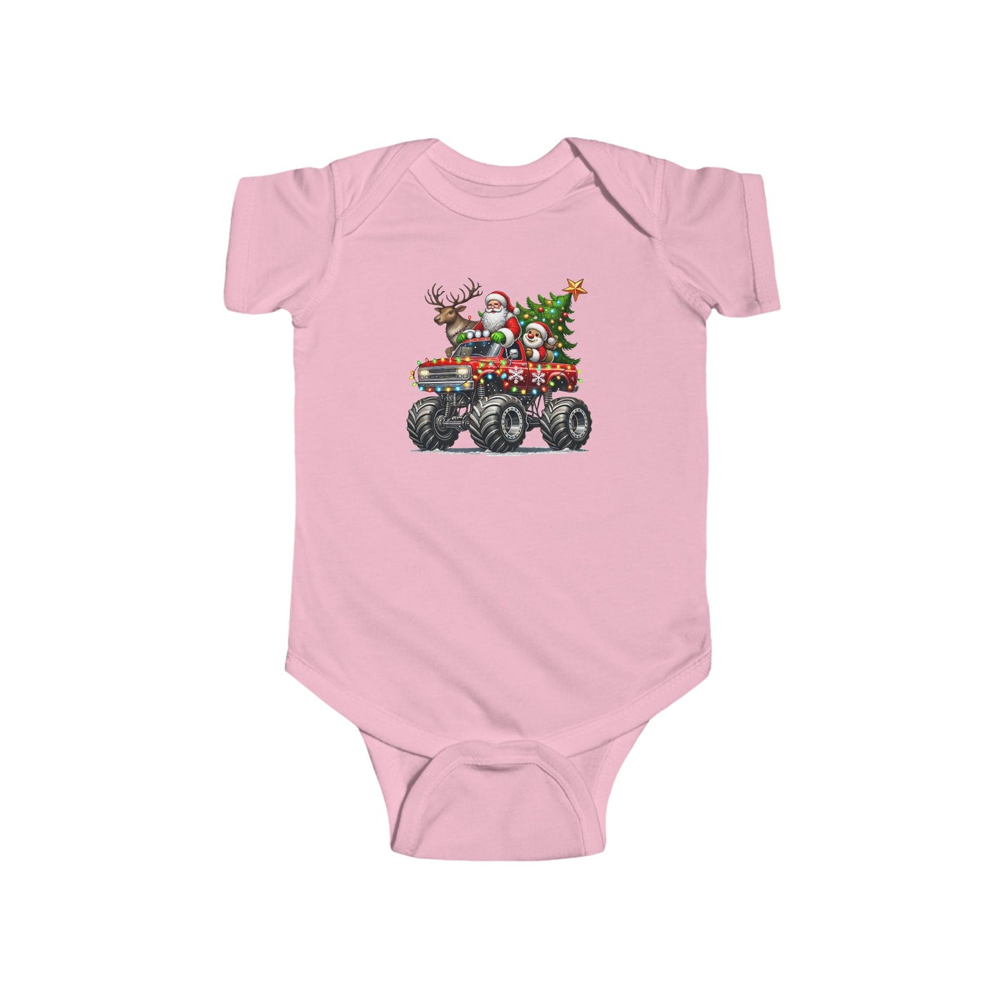 Festive Monster Truck Baby Onesie – Holiday Lights Ride 🚗✨