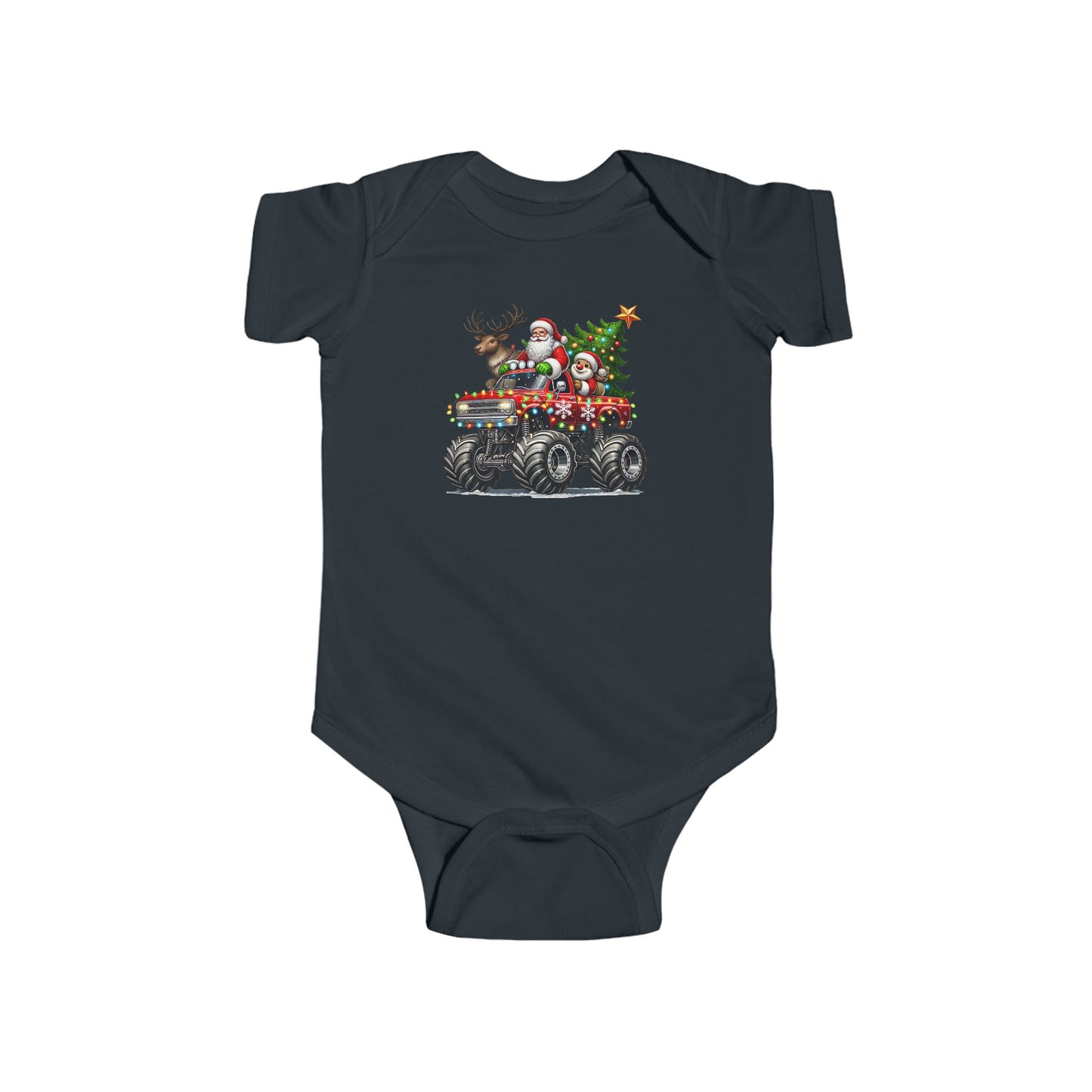 Festive Monster Truck Baby Onesie – Holiday Lights Ride 🚗✨