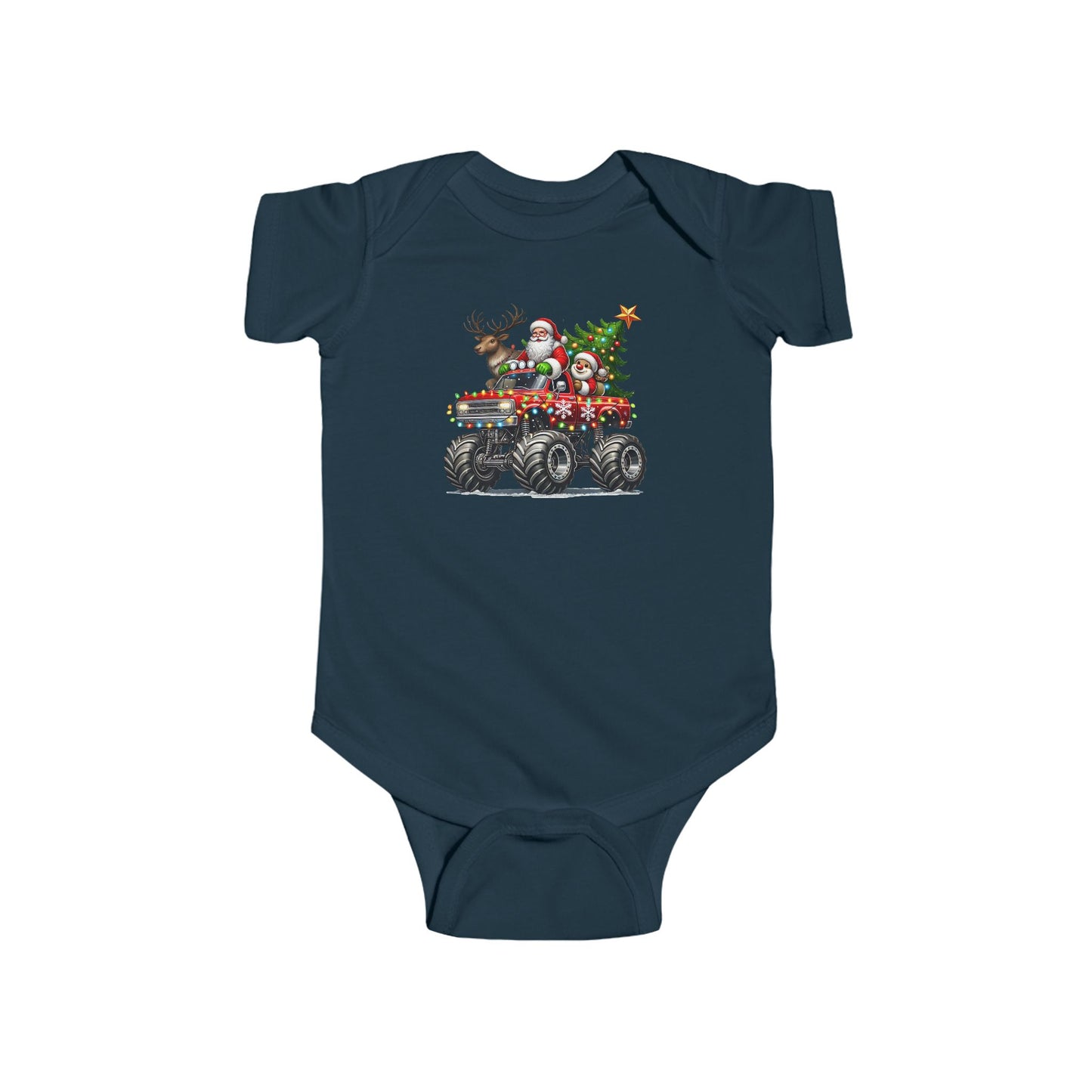 Festive Monster Truck Baby Onesie – Holiday Lights Ride 🚗✨