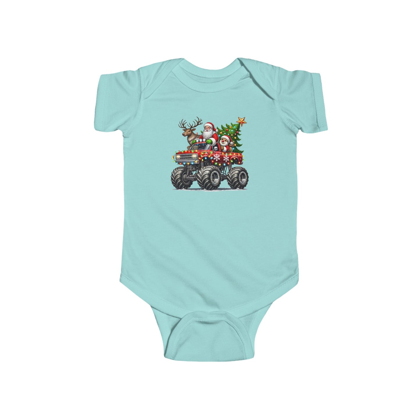 Festive Monster Truck Baby Onesie – Holiday Lights Ride 🚗✨