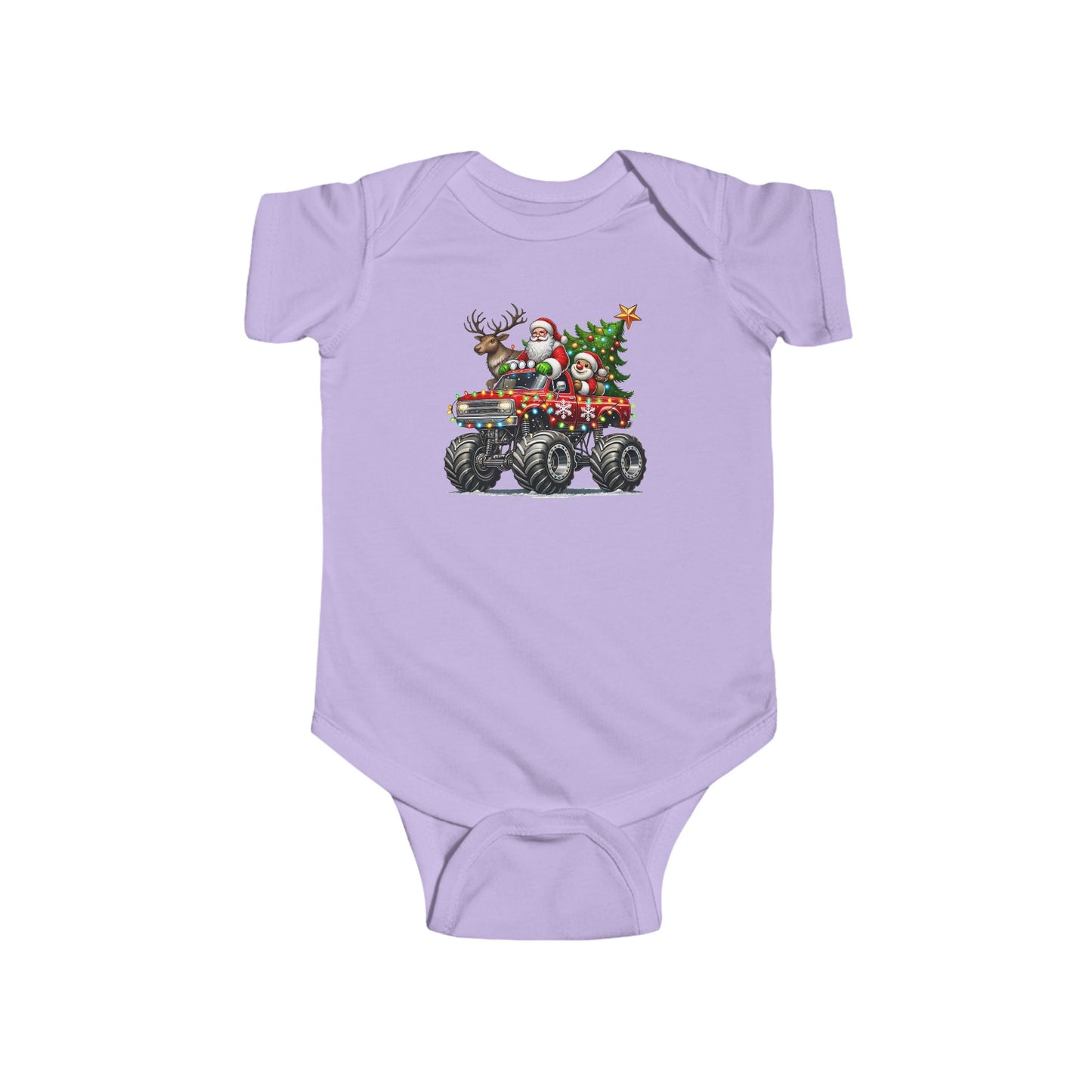 Festive Monster Truck Baby Onesie – Holiday Lights Ride 🚗✨