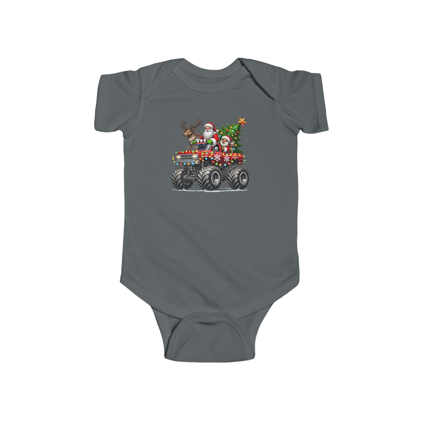 Festive Monster Truck Baby Onesie – Holiday Lights Ride 🚗✨