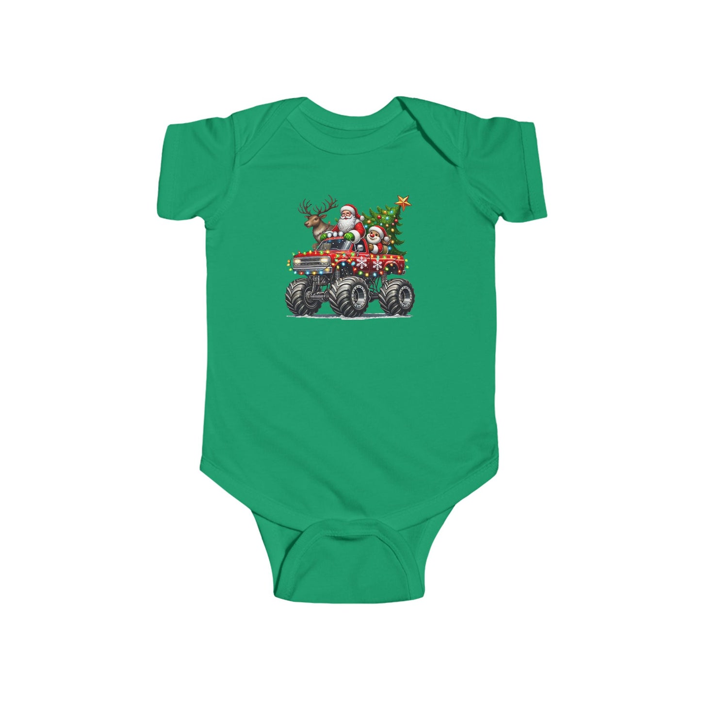 Festive Monster Truck Baby Onesie – Holiday Lights Ride 🚗✨