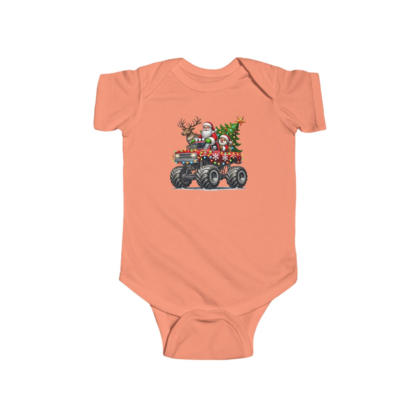 Festive Monster Truck Baby Onesie – Holiday Lights Ride 🚗✨