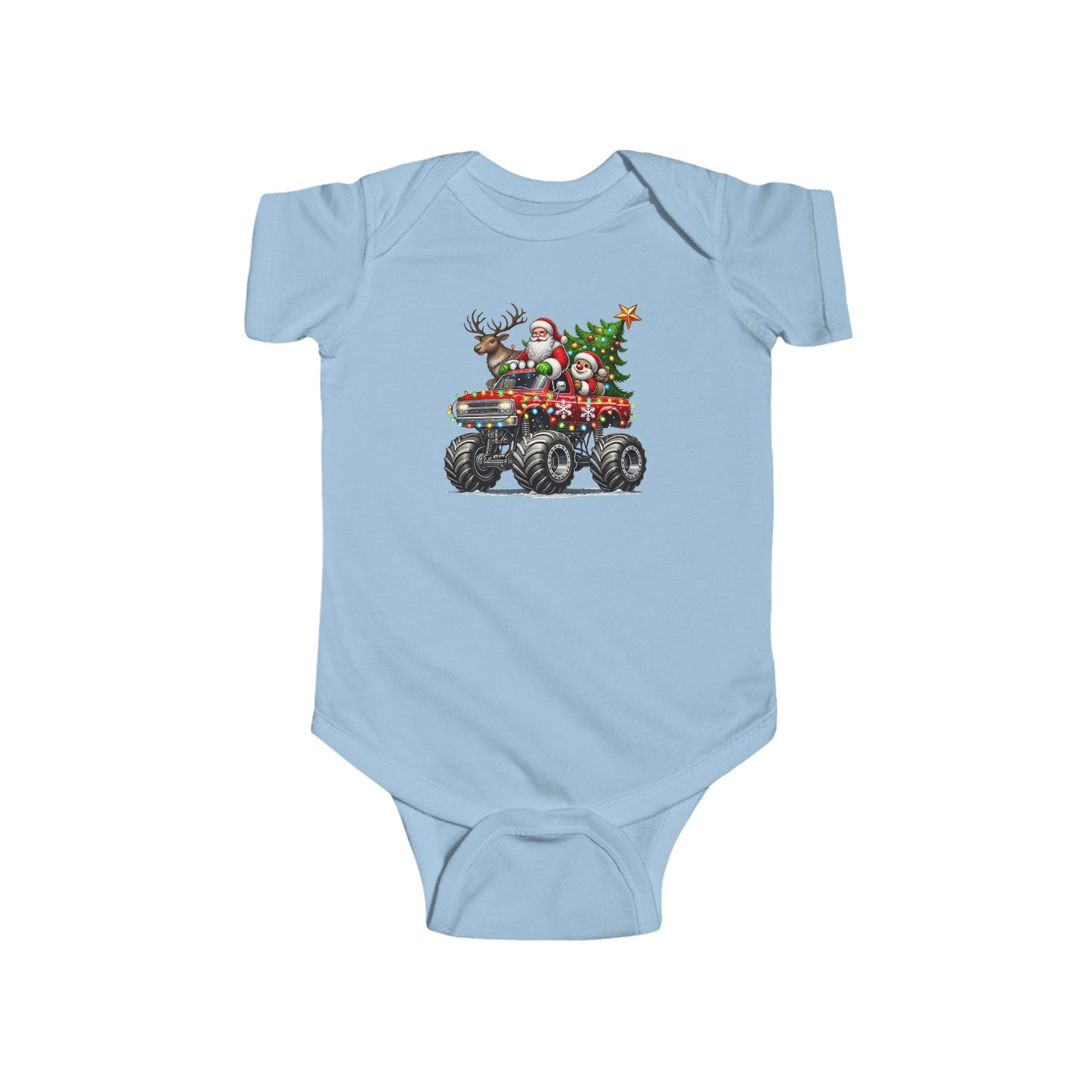 Festive Monster Truck Baby Onesie – Holiday Lights Ride 🚗✨